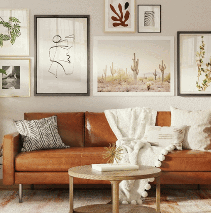 Beautifully furnished interior with leather sofa and plants