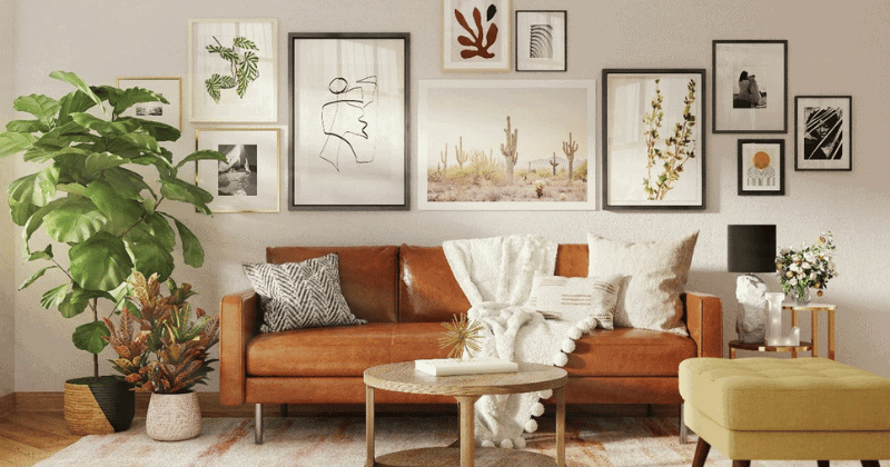 Beautifully furnished interior with leather sofa and plants