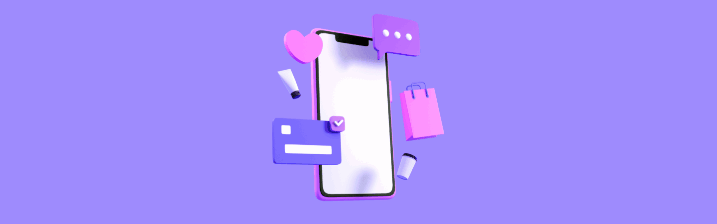 Mobile phone with icons on purple background